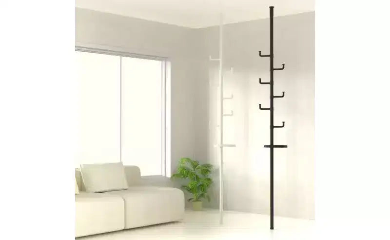 Appendiabiti a tutta altezza con palo a tensione regolabile, albero appendiabiti con vassoio e ganci per soggiorno, ingresso e balcone, nero