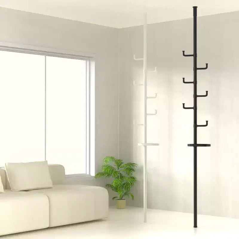 Appendiabiti a tutta altezza con palo a tensione regolabile, albero appendiabiti con vassoio e ganci per soggiorno, ingresso e balcone, nero