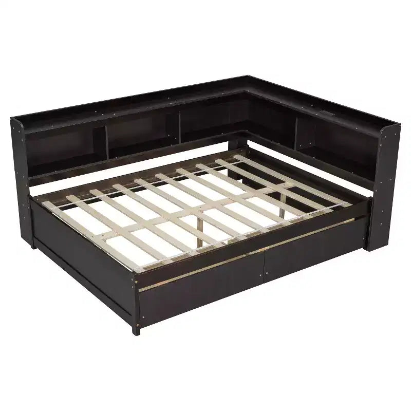 Letto a forma di L a grandezza naturale con librerie, prese di corrente, porte di ricarica USB e 2 cassetti