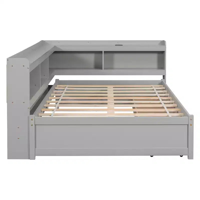 Letto a forma di L a grandezza naturale con librerie, prese di corrente, porte di ricarica USB e 2 cassetti