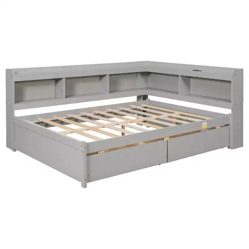 Letto a forma di L a grandezza naturale con librerie, prese di corrente, porte di ricarica USB e 2 cassetti