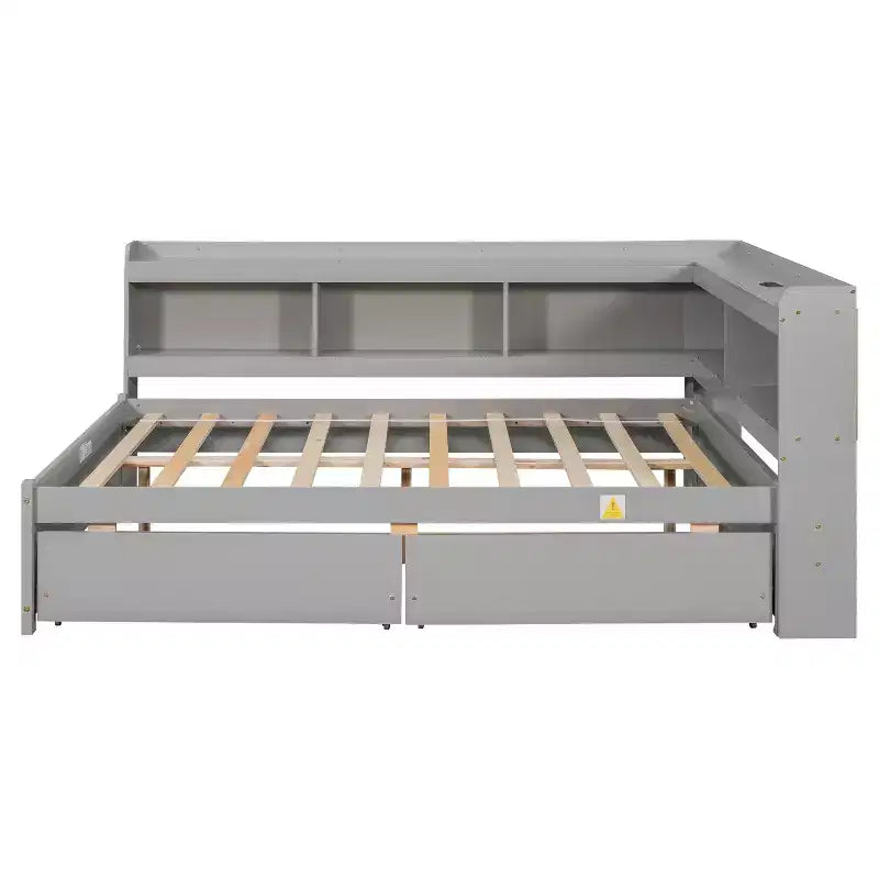 Letto a forma di L a grandezza naturale con librerie, prese di corrente, porte di ricarica USB e 2 cassetti