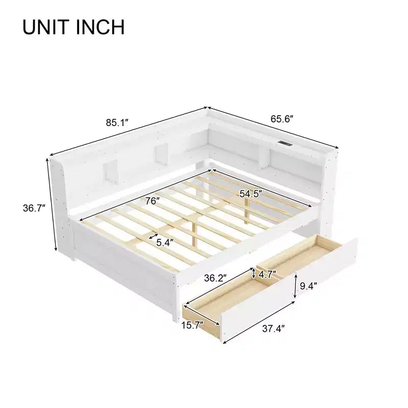 Letto a forma di L a grandezza naturale con librerie, prese di corrente, porte di ricarica USB e 2 cassetti