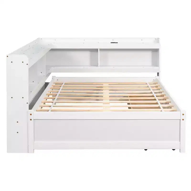 Letto a forma di L a grandezza naturale con librerie, prese di corrente, porte di ricarica USB e 2 cassetti