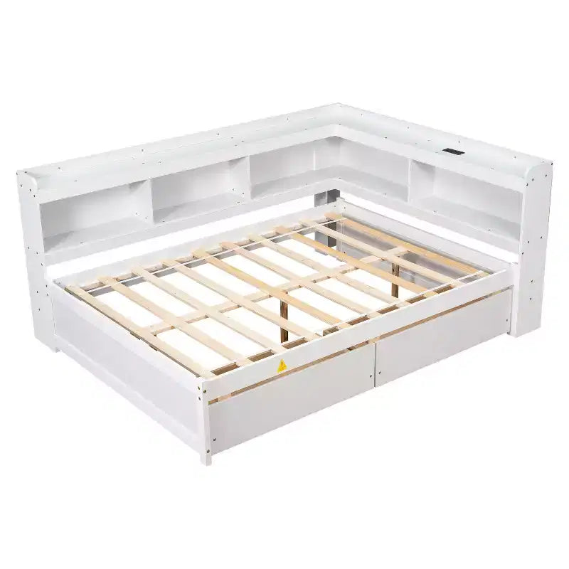 Letto a forma di L a grandezza naturale con librerie, prese di corrente, porte di ricarica USB e 2 cassetti