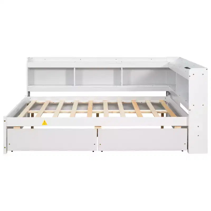 Letto a forma di L a grandezza naturale con librerie, prese di corrente, porte di ricarica USB e 2 cassetti