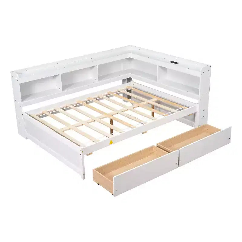 Letto a forma di L a grandezza naturale con librerie, prese di corrente, porte di ricarica USB e 2 cassetti