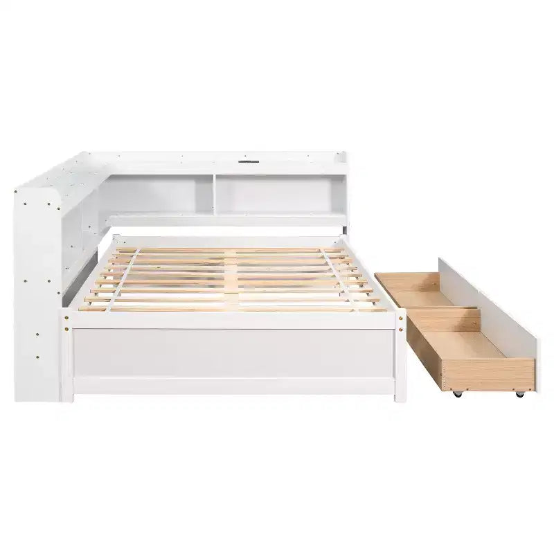 Letto a forma di L a grandezza naturale con librerie, prese di corrente, porte di ricarica USB e 2 cassetti
