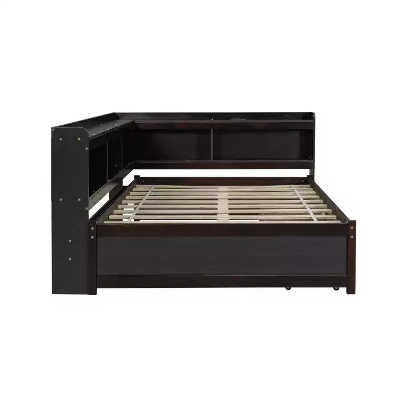 Letto a forma di L a grandezza naturale con librerie, prese di corrente, porte di ricarica USB e 2 cassetti