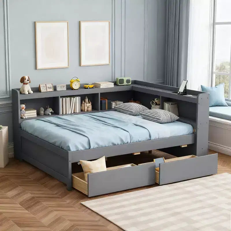 Letto a forma di L a grandezza naturale con librerie, prese di corrente, porte di ricarica USB e 2 cassetti