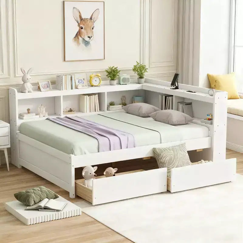 Letto a forma di L a grandezza naturale con librerie, prese di corrente, porte di ricarica USB e 2 cassetti