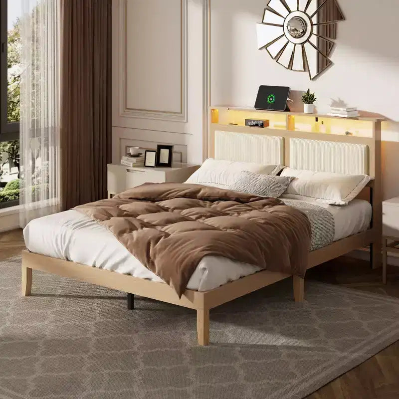 Letto matrimoniale moderno con testiera contenitore, luci LED, stazione di ricarica, rivestito in velluto a coste, senza rumore, con doghe in legno, senza rete a molle