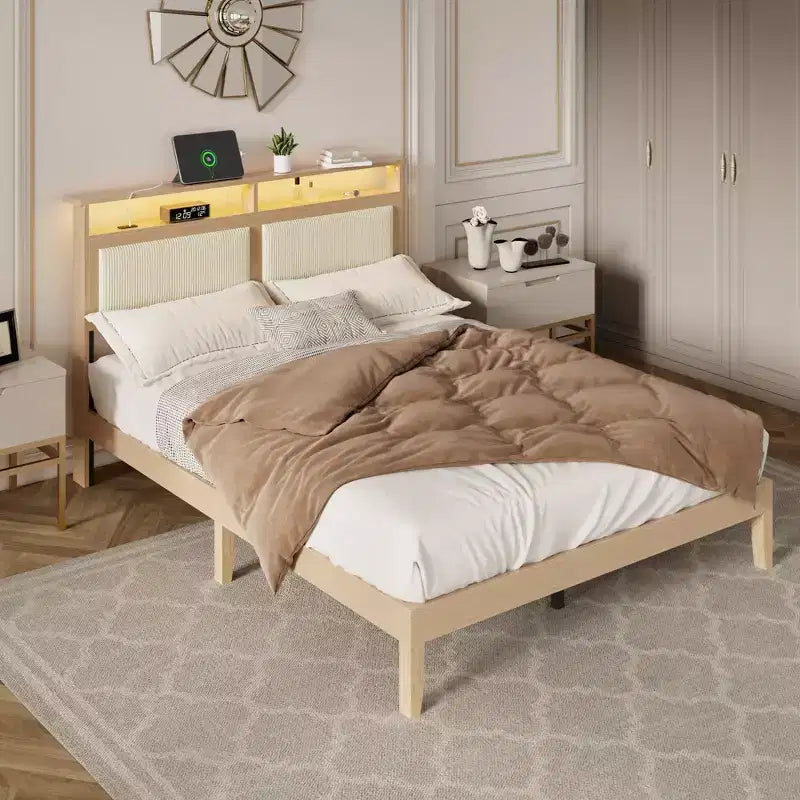 Letto matrimoniale moderno con testiera contenitore, luci LED, stazione di ricarica, rivestito in velluto a coste, senza rumore, con doghe in legno, senza rete a molle