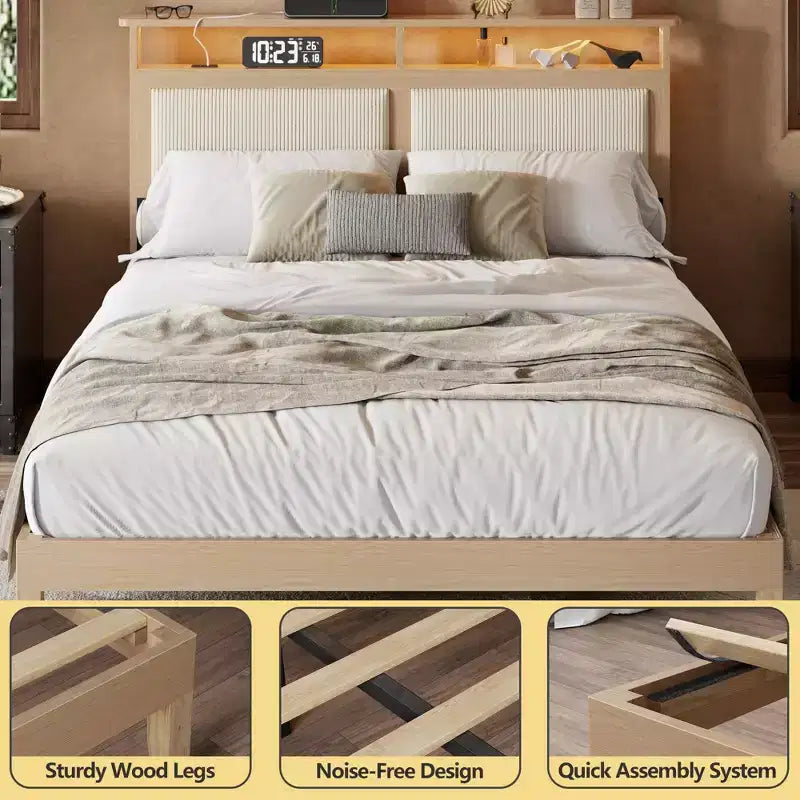 Letto matrimoniale moderno con testiera contenitore, luci LED, stazione di ricarica, rivestito in velluto a coste, senza rumore, con doghe in legno, senza rete a molle