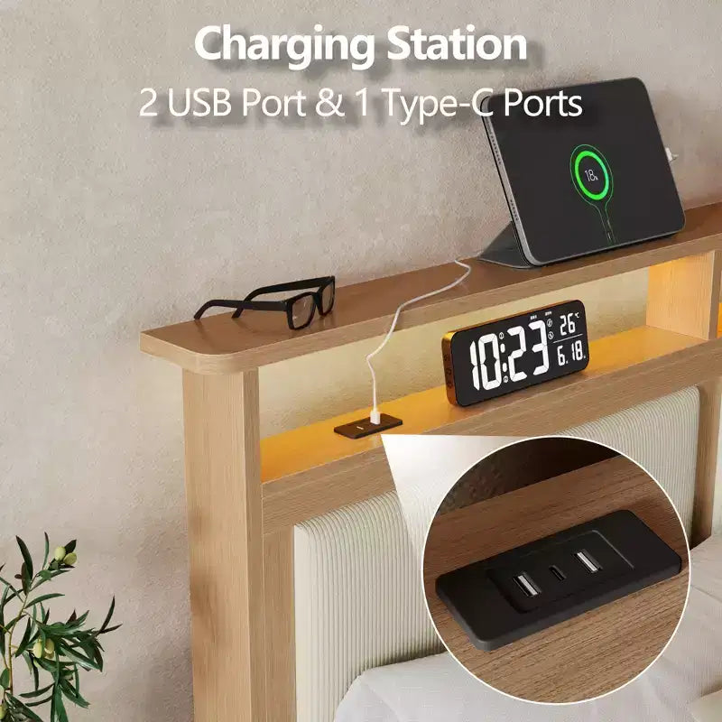 Letto matrimoniale moderno con testiera contenitore, luci LED, stazione di ricarica, rivestito in velluto a coste, senza rumore, con doghe in legno, senza rete a molle