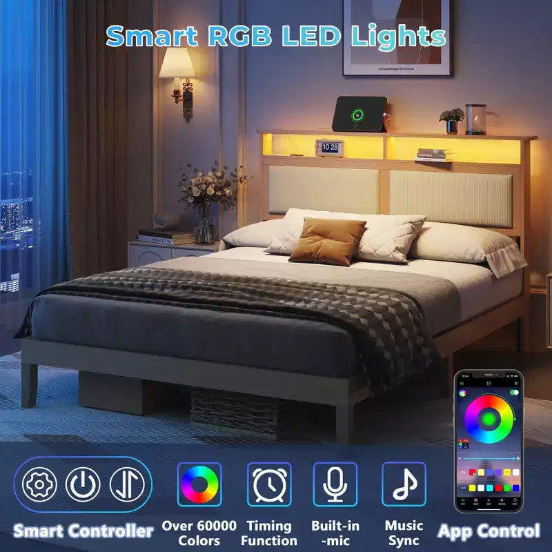 Letto matrimoniale moderno con testiera contenitore, luci LED, stazione di ricarica, rivestito in velluto a coste, senza rumore, con doghe in legno, senza rete a molle