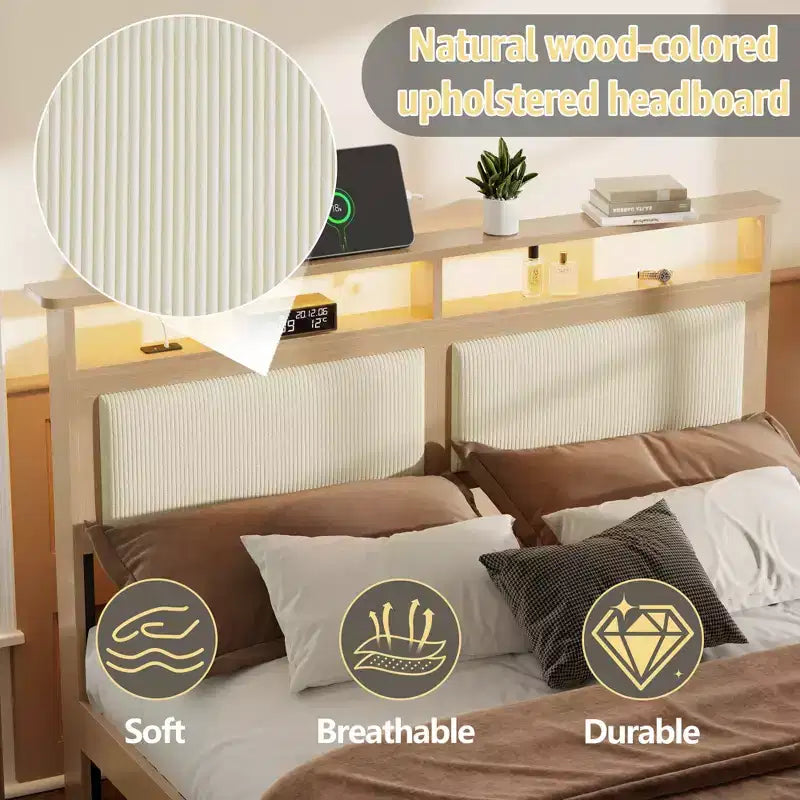 Letto matrimoniale moderno con testiera contenitore, luci LED, stazione di ricarica, rivestito in velluto a coste, senza rumore, con doghe in legno, senza rete a molle
