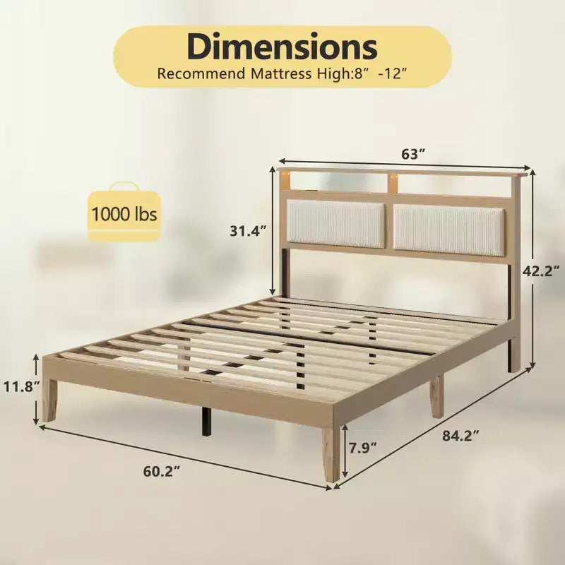 Letto matrimoniale moderno con testiera contenitore, luci LED, stazione di ricarica, rivestito in velluto a coste, senza rumore, con doghe in legno, senza rete a molle