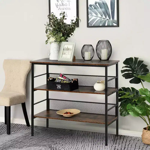 Tavolo Consolle a 3 Ripiani Stile Industriale con Vano Portaoggetti in Metallo e Legno, Design Robusto e Multifunzionale e Piedini Regolabili