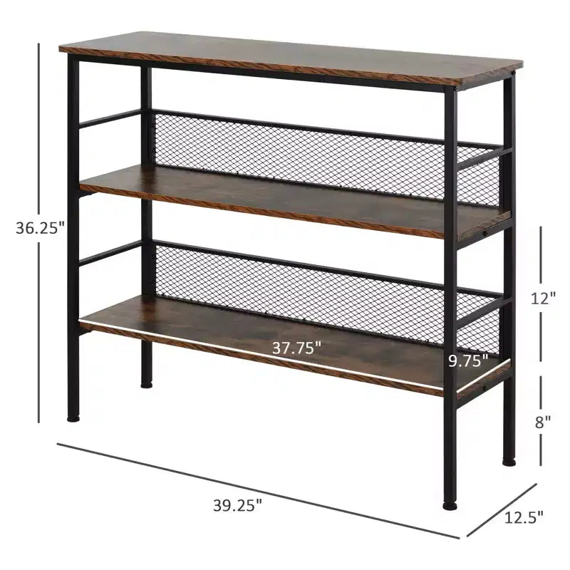 Tavolo Consolle a 3 Ripiani Stile Industriale con Vano Portaoggetti in Metallo e Legno, Design Robusto e Multifunzionale e Piedini Regolabili