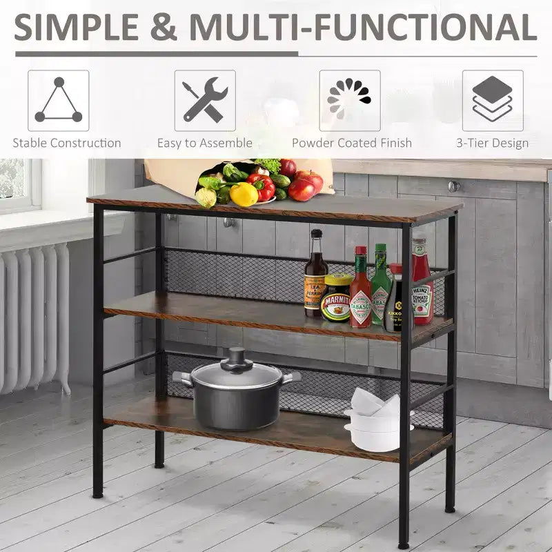 Tavolo Consolle a 3 Ripiani Stile Industriale con Vano Portaoggetti in Metallo e Legno, Design Robusto e Multifunzionale e Piedini Regolabili