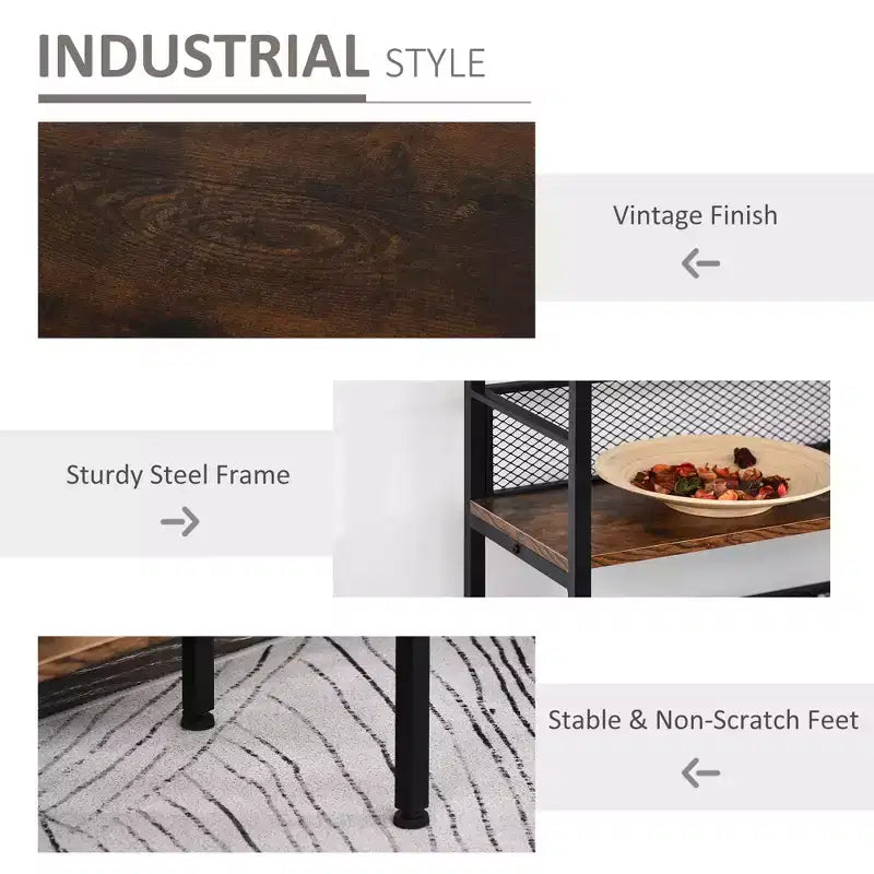 Tavolo Consolle a 3 Ripiani Stile Industriale con Vano Portaoggetti in Metallo e Legno, Design Robusto e Multifunzionale e Piedini Regolabili