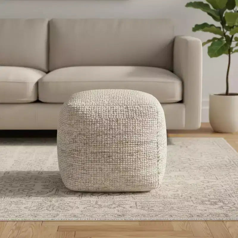 Pouf poggiapiedi in cotone, lana e iuta a righe avorio da 45 cm