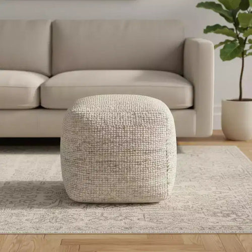Pouf poggiapiedi in cotone, lana e iuta a righe avorio da 45 cm