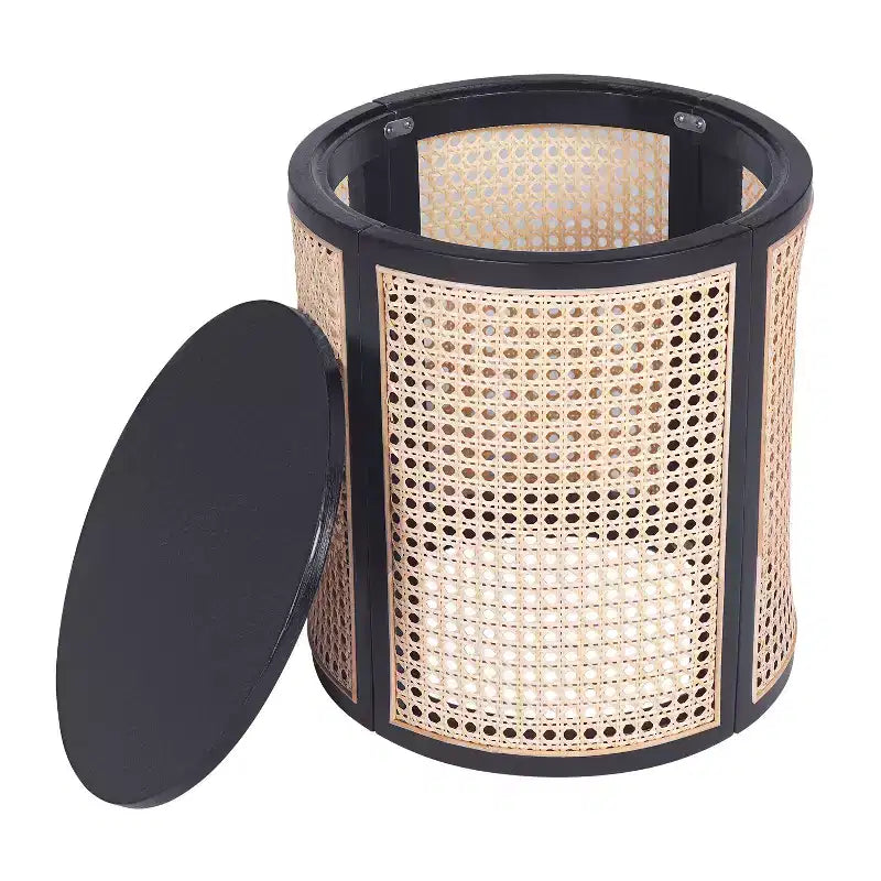 Tavolino rotondo in rattan con contenitore, tavolino bohémien per soggiorno e camera da letto