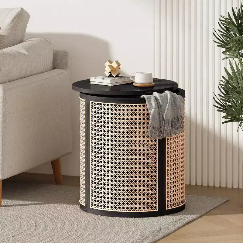 Tavolino rotondo in rattan con contenitore, tavolino bohémien per soggiorno e camera da letto