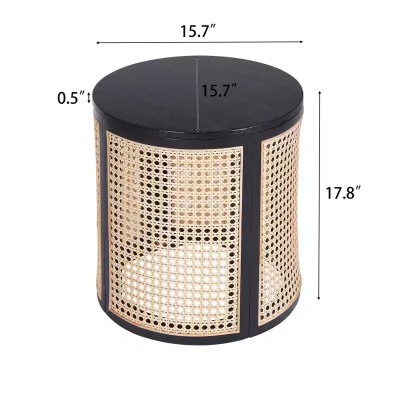 Tavolino rotondo in rattan con contenitore, tavolino bohémien per soggiorno e camera da letto