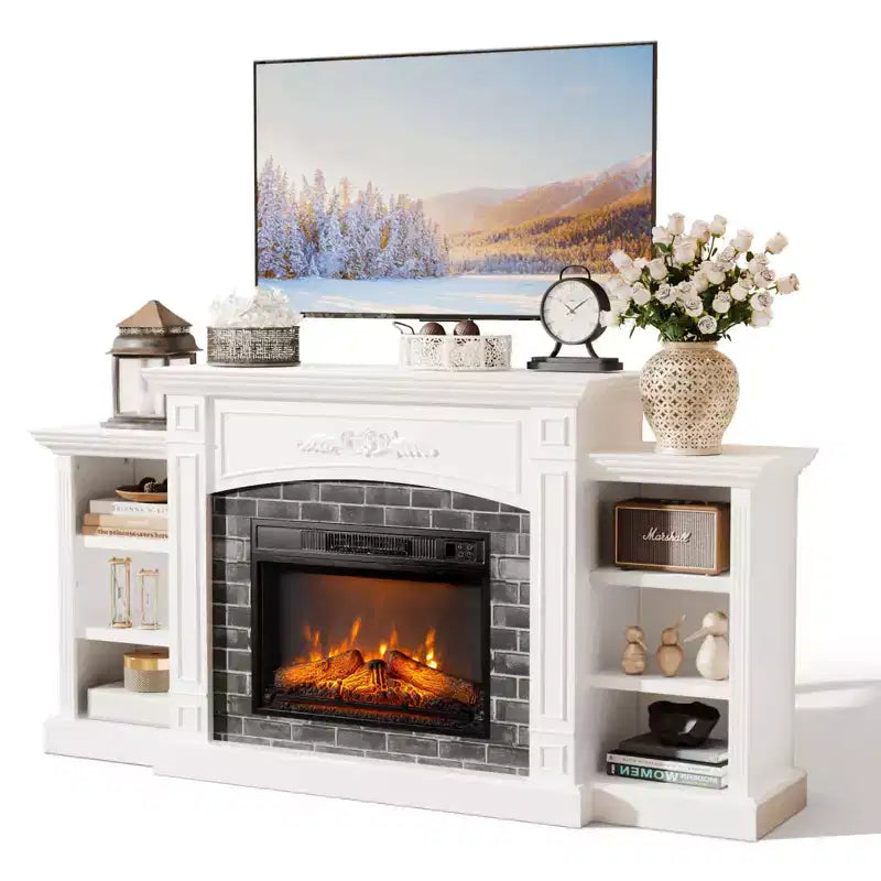 Mobile TV con caminetto bianco, adatto per TV fino a 90 pollici, con caminetto da 23 pollici, stile western