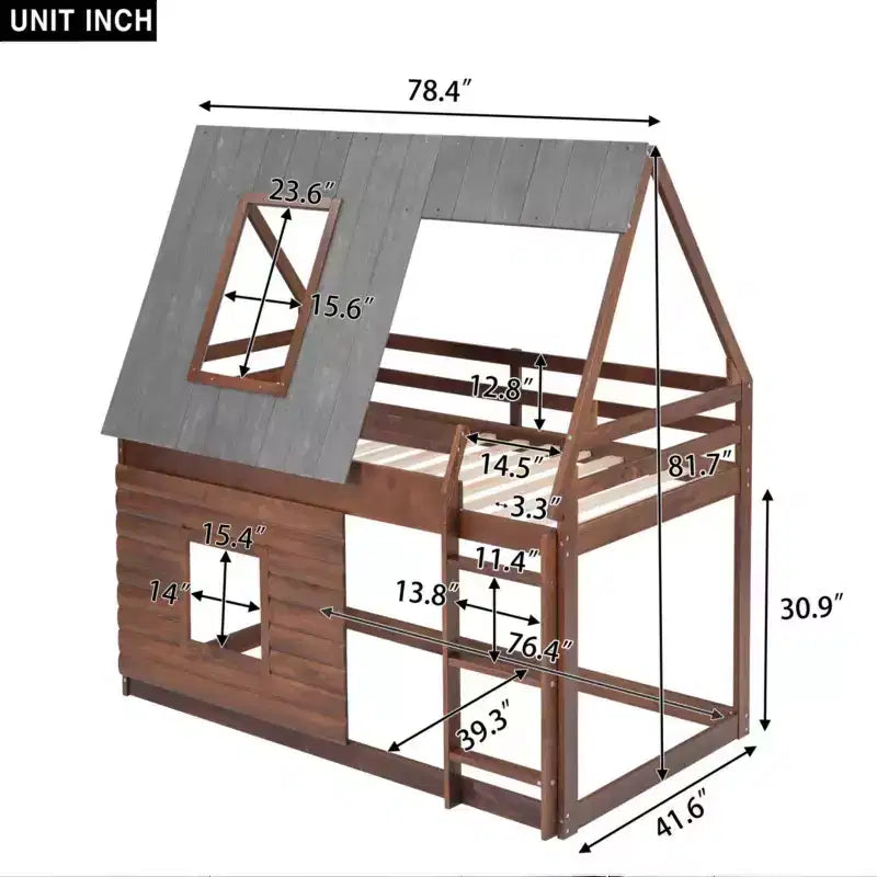 Letto a castello Twin House con tetto e scaletta, struttura in legno massello con 2 finestre per bambini, rovere e grigio fumo