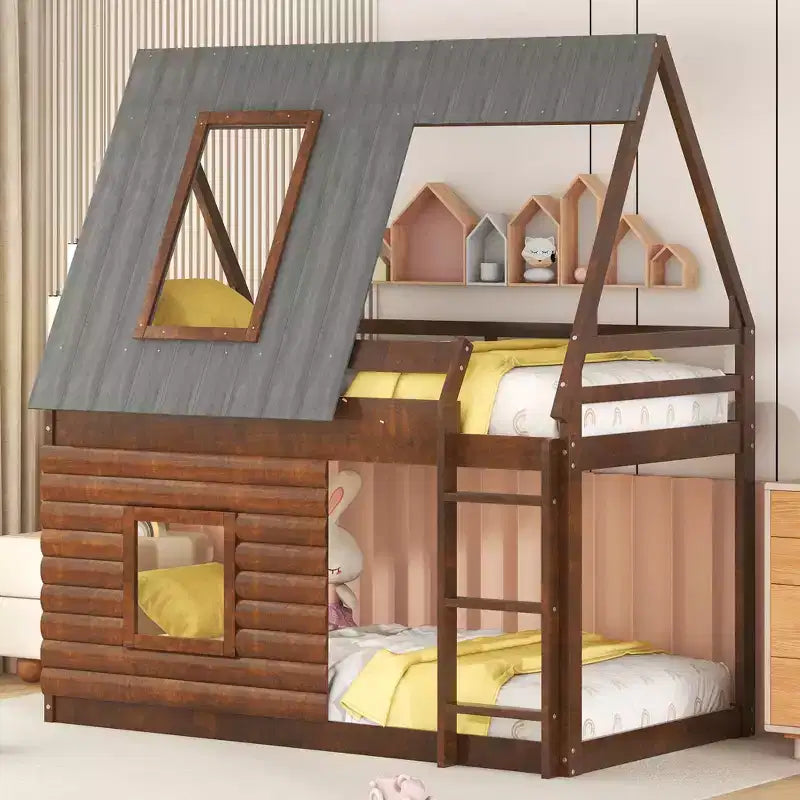 Letto a castello Twin House con tetto e scaletta, struttura in legno massello con 2 finestre per bambini, rovere e grigio fumo