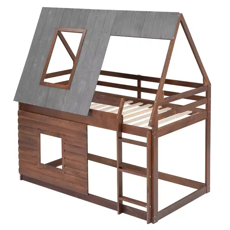Letto a castello Twin House con tetto e scaletta, struttura in legno massello con 2 finestre per bambini, rovere e grigio fumo