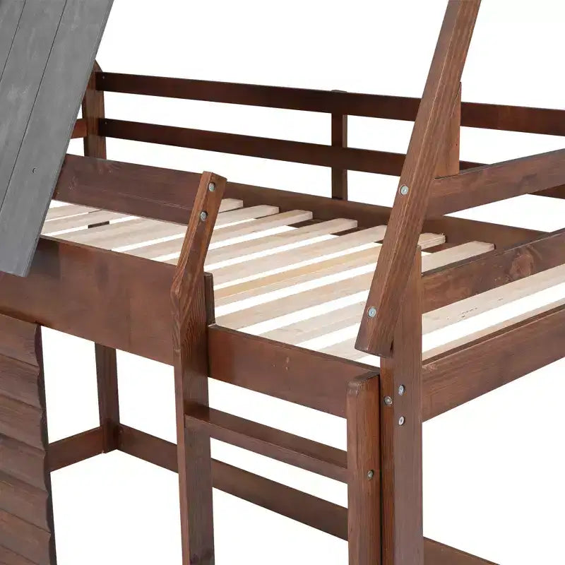 Letto a castello Twin House con tetto e scaletta, struttura in legno massello con 2 finestre per bambini, rovere e grigio fumo