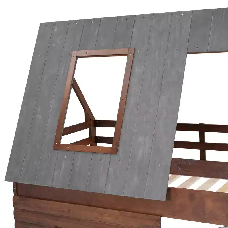 Letto a castello Twin House con tetto e scaletta, struttura in legno massello con 2 finestre per bambini, rovere e grigio fumo