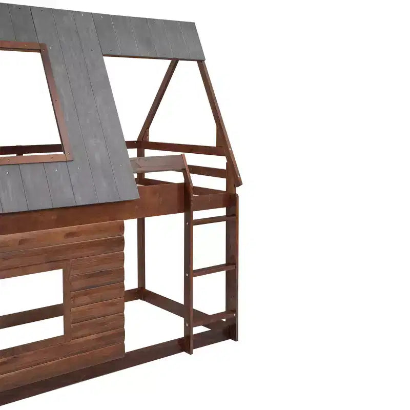 Letto a castello Twin House con tetto e scaletta, struttura in legno massello con 2 finestre per bambini, rovere e grigio fumo