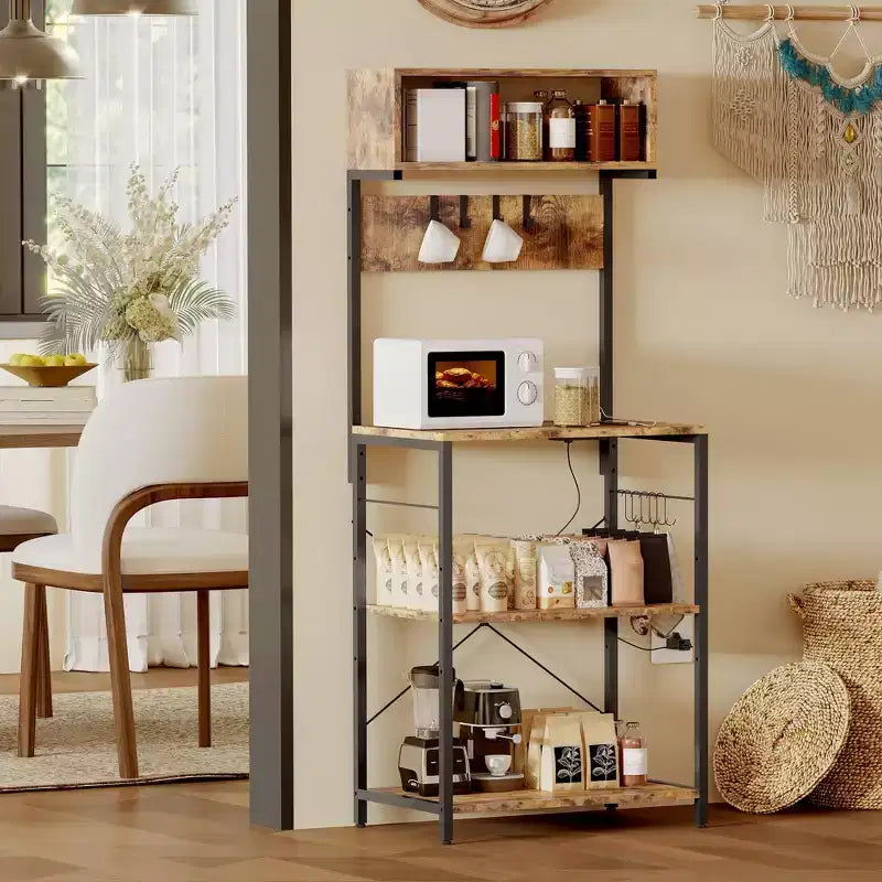 Scaffale da Cucina per Forno a 5 Ripiani in Metallo con 10 Ganci a S, Stazione Caffè e Supporto per Microonde, 150 cm