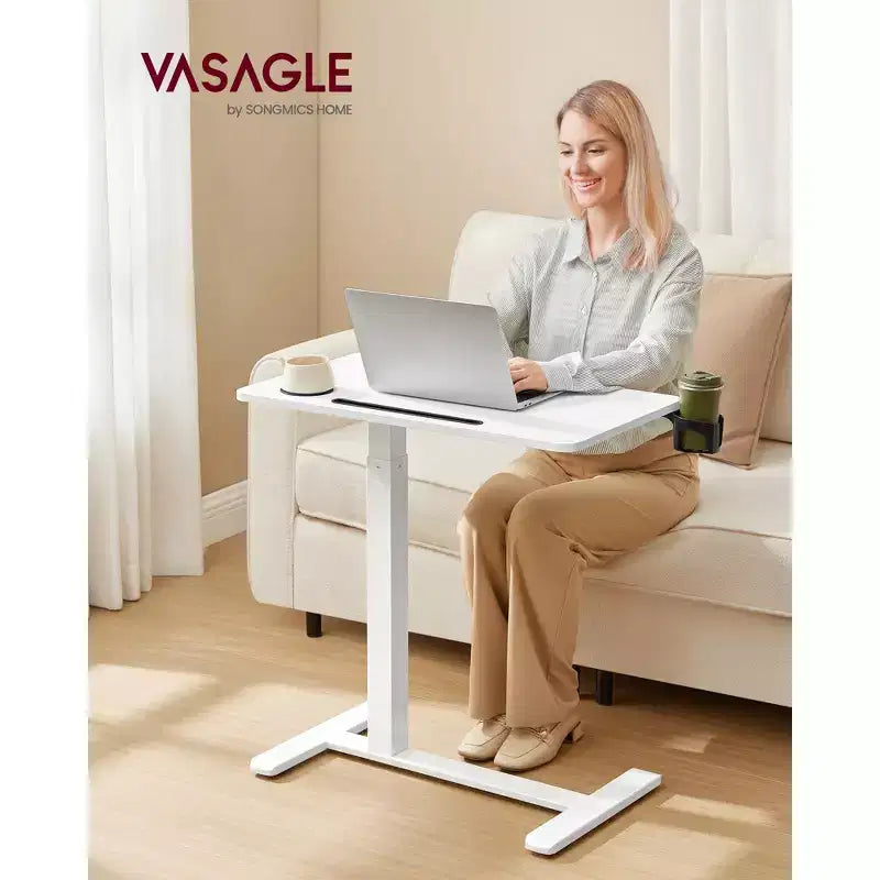 Scrivania Mobile Regolabile in Altezza da 70 cm con 2 Portabicchieri e Slot per Tablet, Scrivania Computer con Rotelle per Camera da Letto e Soggiorno, Bianco Nuvola