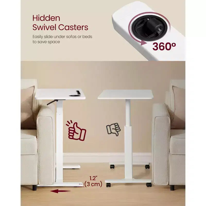 Scrivania Mobile Regolabile in Altezza da 70 cm con 2 Portabicchieri e Slot per Tablet, Scrivania Computer con Rotelle per Camera da Letto e Soggiorno, Bianco Nuvola