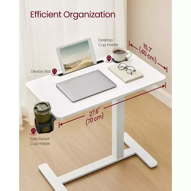 Scrivania Mobile Regolabile in Altezza da 70 cm con 2 Portabicchieri e Slot per Tablet, Scrivania Computer con Rotelle per Camera da Letto e Soggiorno, Bianco Nuvola