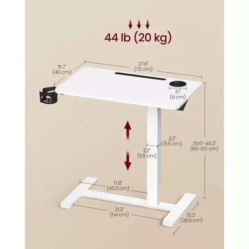 Scrivania Mobile Regolabile in Altezza da 70 cm con 2 Portabicchieri e Slot per Tablet, Scrivania Computer con Rotelle per Camera da Letto e Soggiorno, Bianco Nuvola