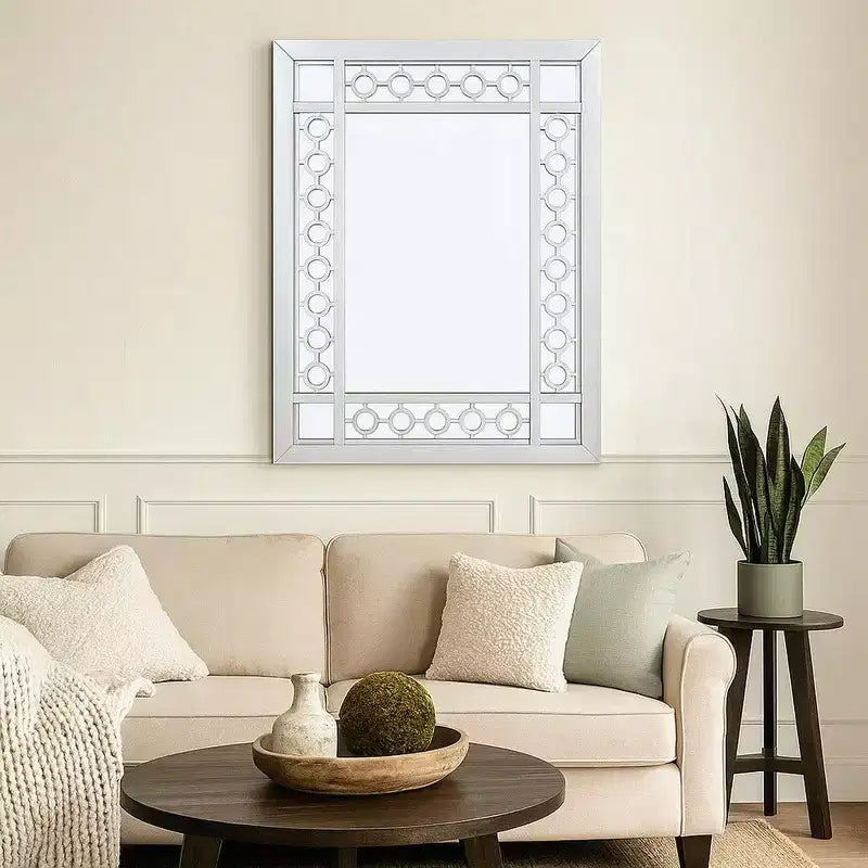 Specchio da parete in legno intagliato, 101 cm, verticale, design intagliato rotondo, bianco