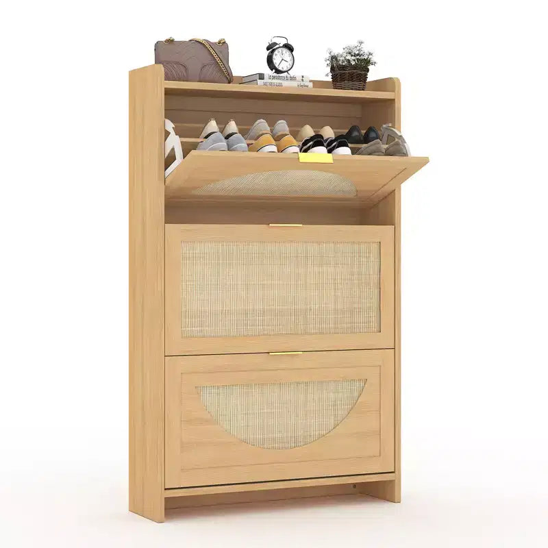Scarpiere in Rattan con 3 Cassetti a Ribalta, Mobile Scarpiera in Legno Autoportante