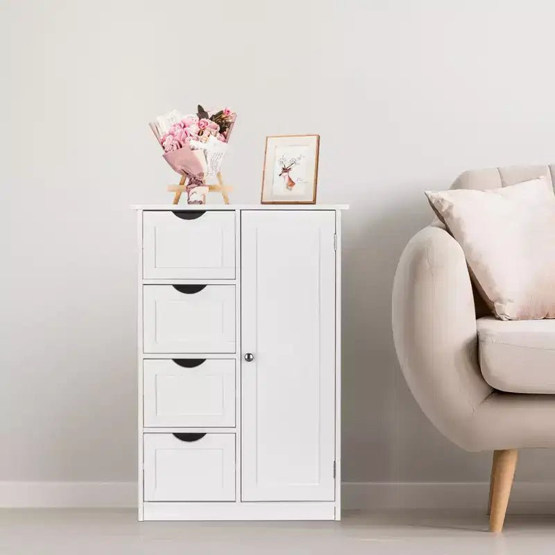 Mobiletto da bagno con anta singola e 4 cassetti, bianco