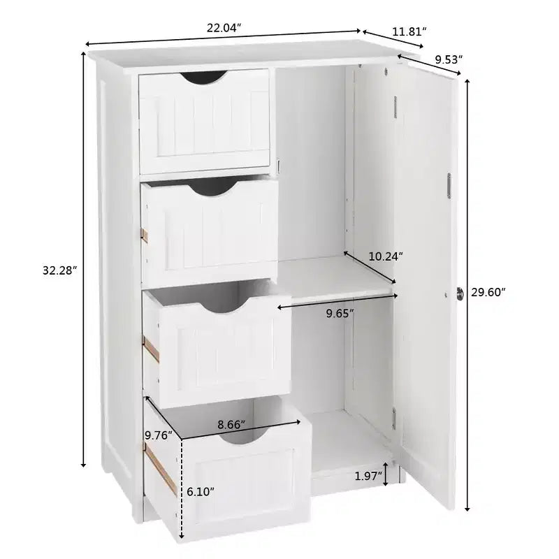 Mobiletto da bagno con anta singola e 4 cassetti, bianco