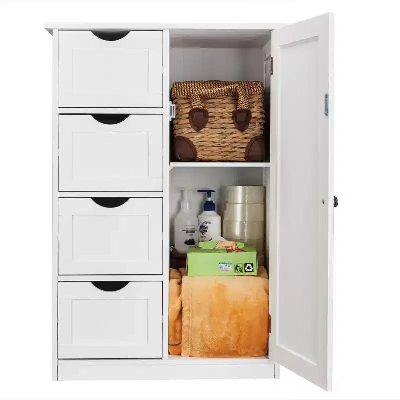 Mobiletto da bagno con anta singola e 4 cassetti, bianco