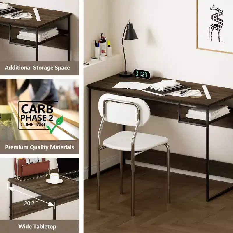 Scrivania per computer da 45" con telaio in metallo, tavolo da studio, postazione di lavoro per ufficio domestico con vano portaoggetti