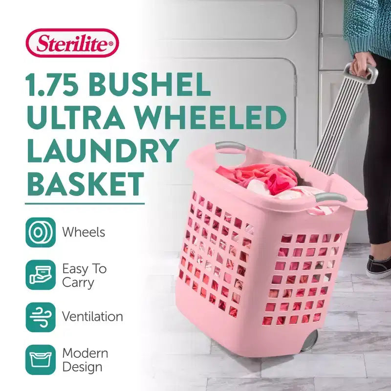 Cesta portabiancheria con ruote Ultra, 60 litri con manici, rosa, confezione da 4